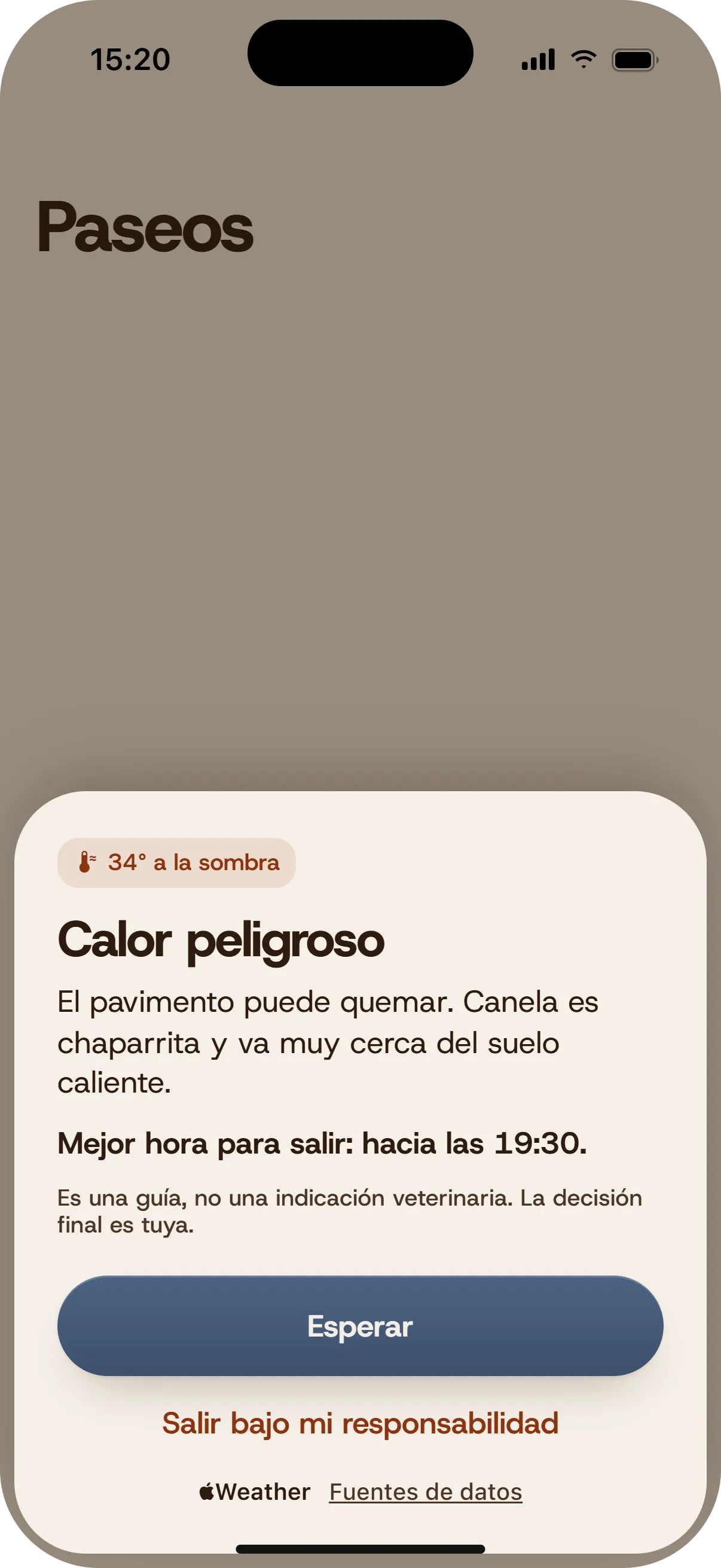Dangerous heat warning before a walk.