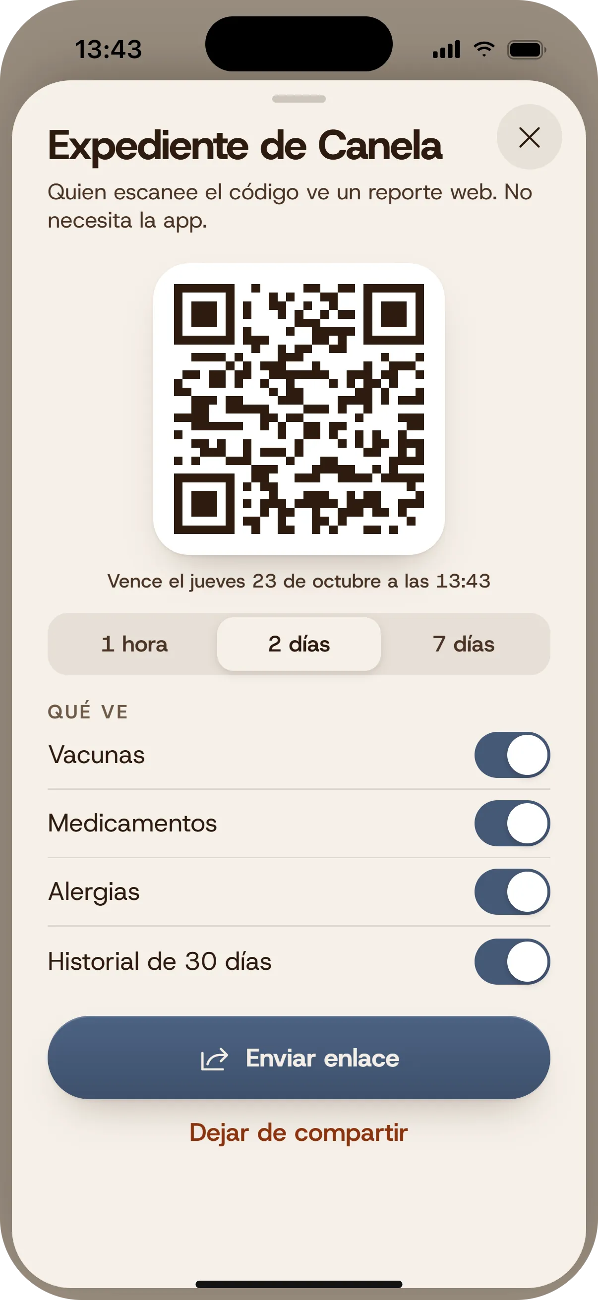 Sharing Canela's record with a QR code.