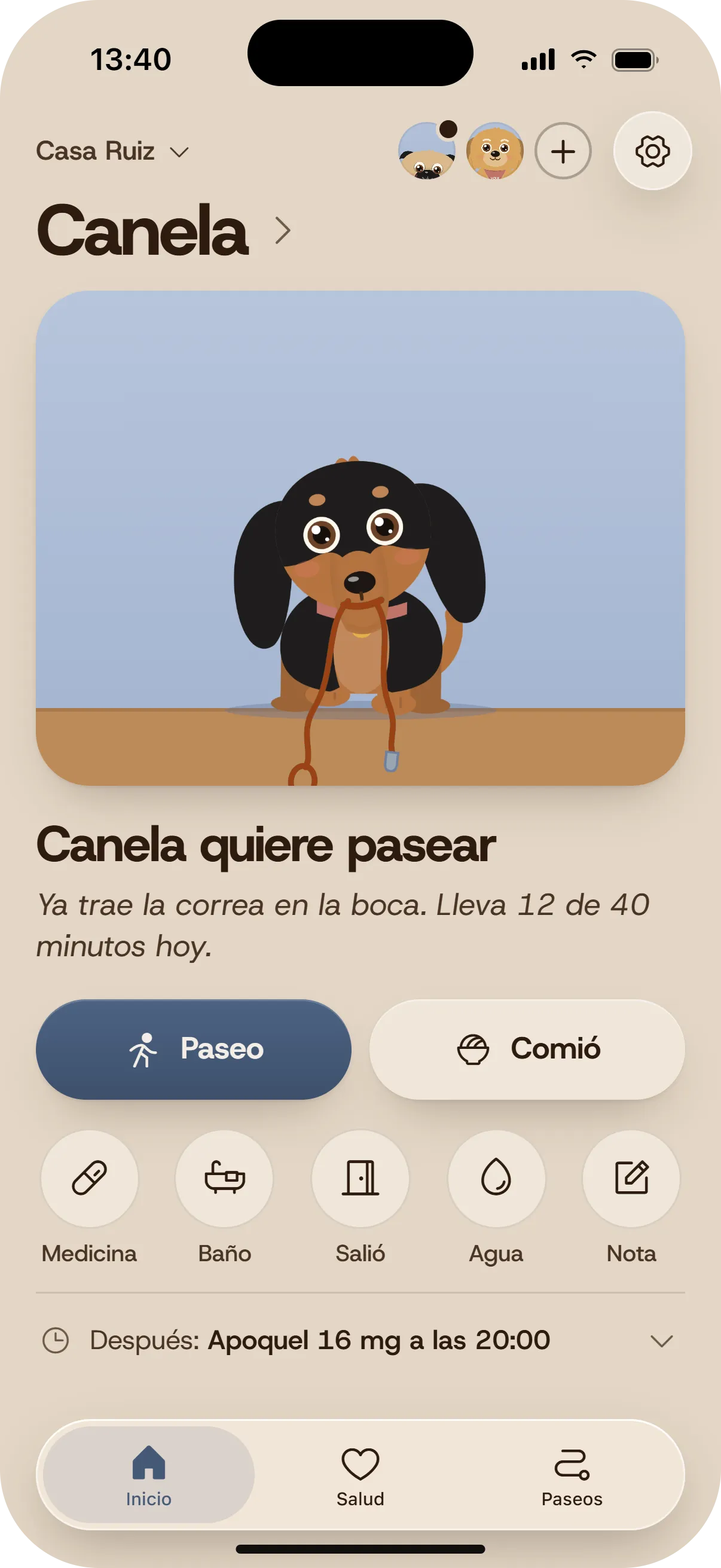 VOLK home: Canela wants a walk, with the Walk and Fed buttons.
