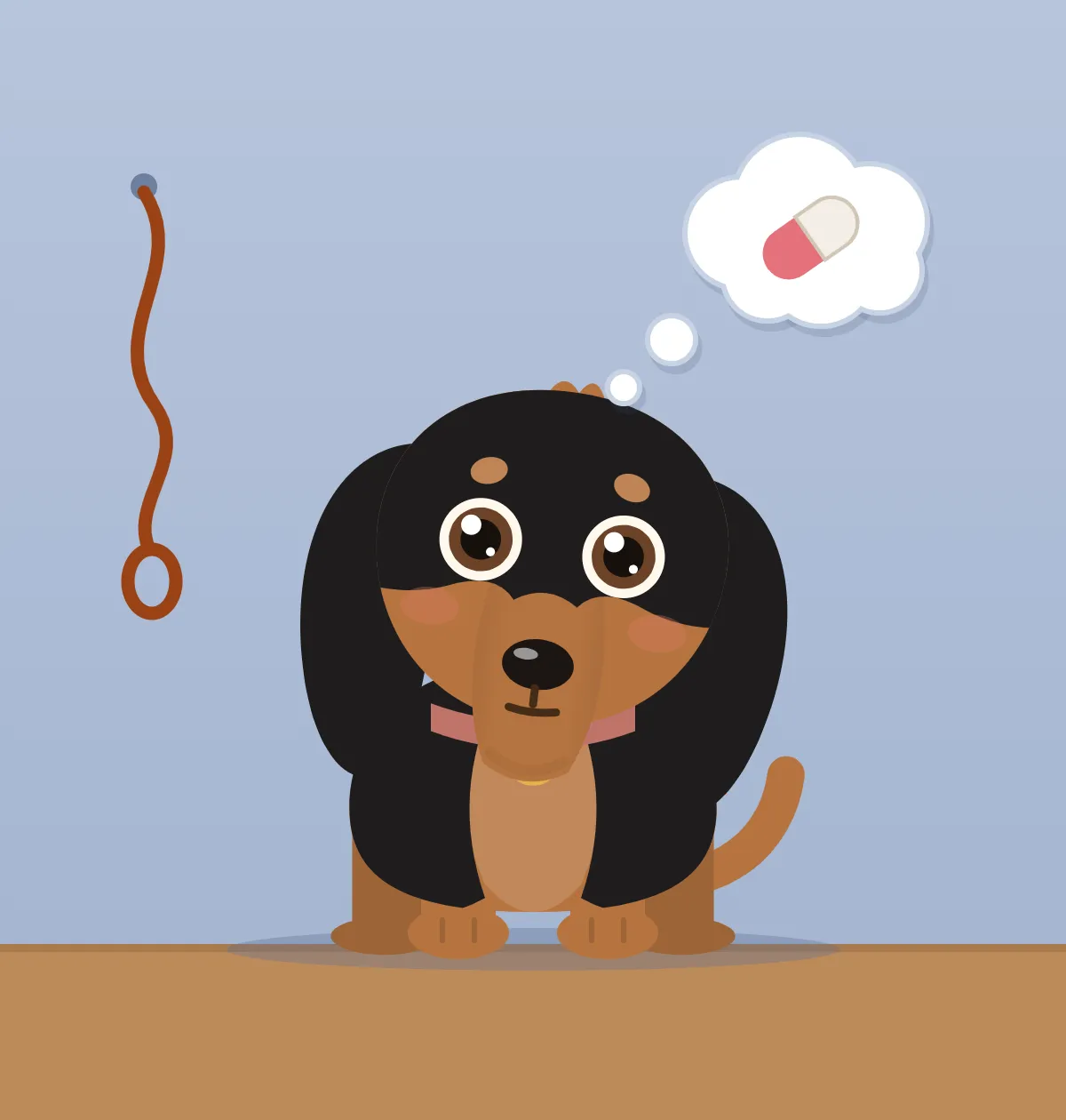 Canela's avatar in her room: pill time.