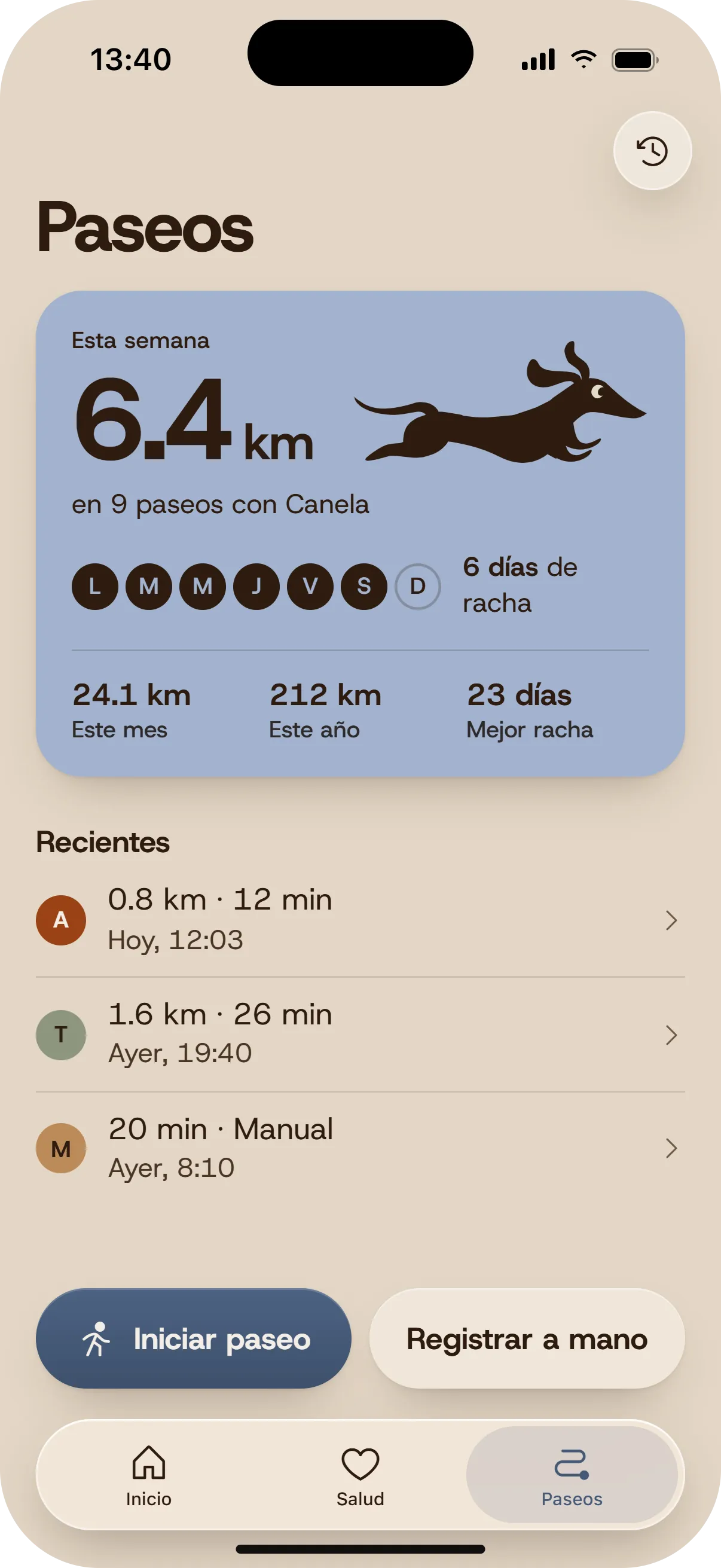 VOLK Walks screen: 4 miles this week with Canela.