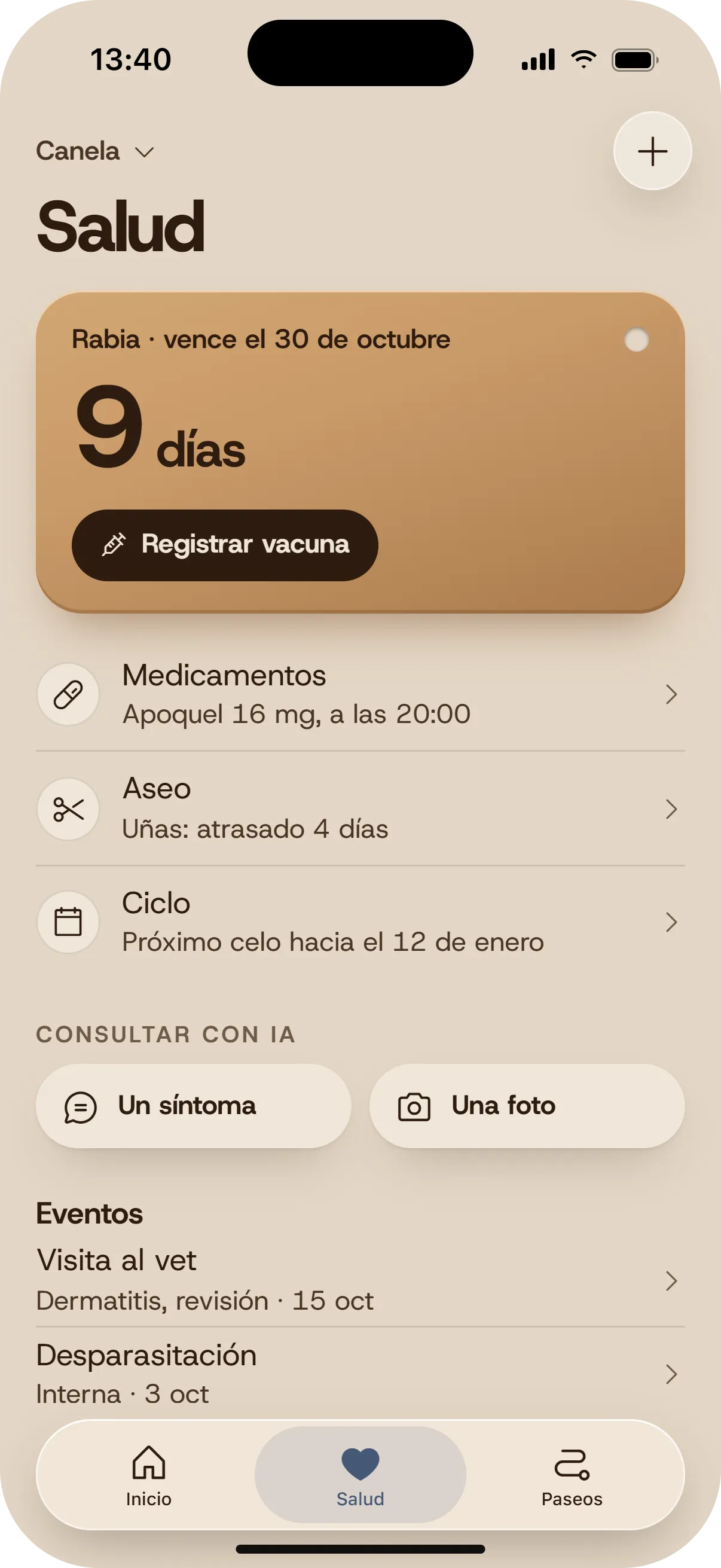 VOLK Health screen: rabies is due in 9 days.